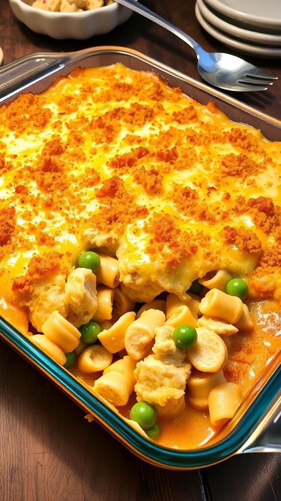 Cheesy chicken casserole in a glass dish, topped with melted cheese and breadcrumbs, served on a rustic table.